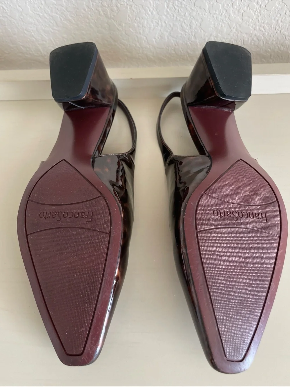 Franco Sarto Brown Tortoiseshell Patent Slingback Heels